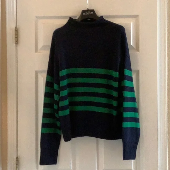 KULE Navy and Green Turtleneck wool/Cashmere Striped Sweater L - Picture 2 of 4